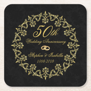 Dessous-de-verre Carré En Papier Ornate Gold sur Black 50e anniversaire Mariage
