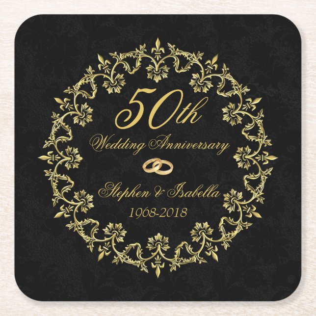 Dessous-de-verre Carré En Papier Ornate Gold sur Black 50e anniversaire Mariage (Devant)