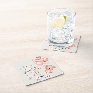 Dessous-de-verre Carré En Papier Ours De Bébé, Ballons Roses, Premier Anniversaire