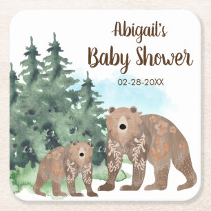 Dessous-de-verre Carré En Papier Ours de bois Baby shower d'aquarelle neutre