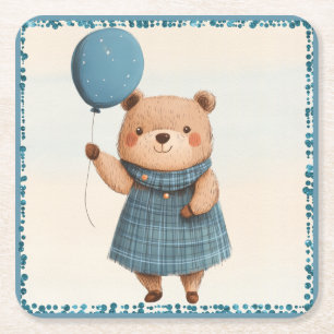 Dessous-de-verre Carré En Papier Ours de fille avec robe bleue plaid et ballon
