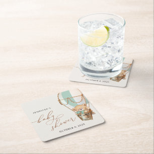 Dessous-de-verre Carré En Papier Ours en peluche, Ballon à air chaud vert, Baby sho