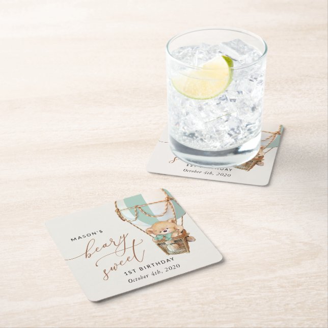 Dessous-de-verre Carré En Papier Ours en peluche, Ballon à air chaud vert, premier  (En situation)