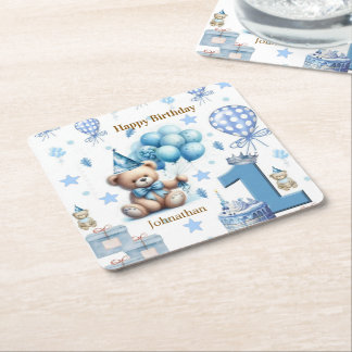 Dessous-de-verre Carré En Papier Ours en peluche bleu pour 1er anniversaire Coaster