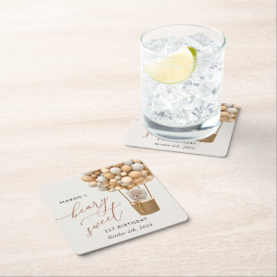 Dessous-de-verre Carré En Papier Ours mignon, Ballons Beiges, Premier Anniversaire