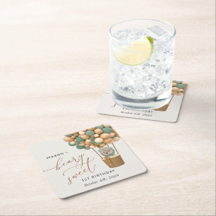 Dessous-de-verre Carré En Papier Ours mignon, Ballons verts, Premier anniversaire