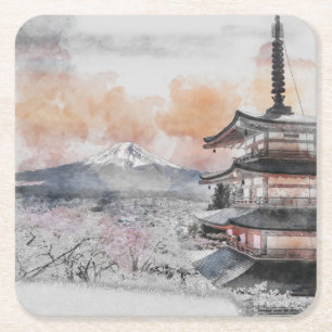 Dessous-de-verre Carré En Papier Pagode japonaise et mont Fuji à l'aquarelle