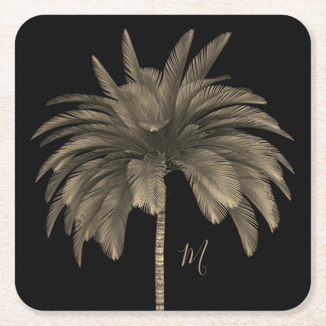 Dessous-de-verre Carré En Papier Palm Tree élégant rétro chic noir (Devant)