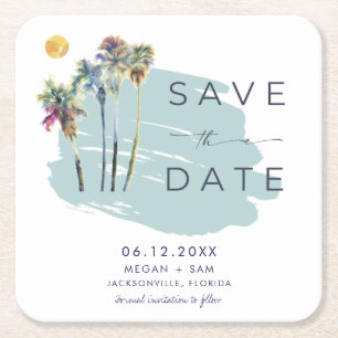 Dessous-de-verre Carré En Papier Palm Tree Tropical Beach Wedding Enregistrer la da