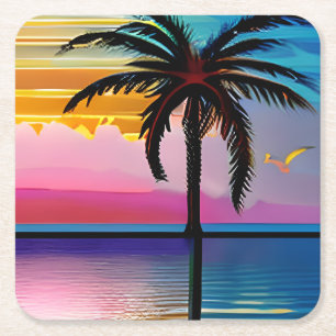 Dessous-de-verre Carré En Papier Palmiers tropicaux et océan