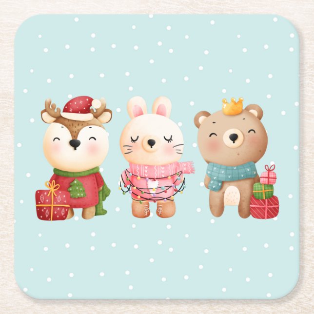Dessous-de-verre Carré En Papier Pals de Noël - Rennes, Ours et Lapin (Devant)