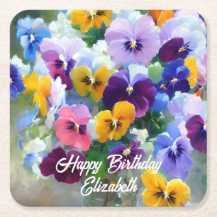Dessous-de-verre Carré En Papier Pansies Joyeux anniversaire