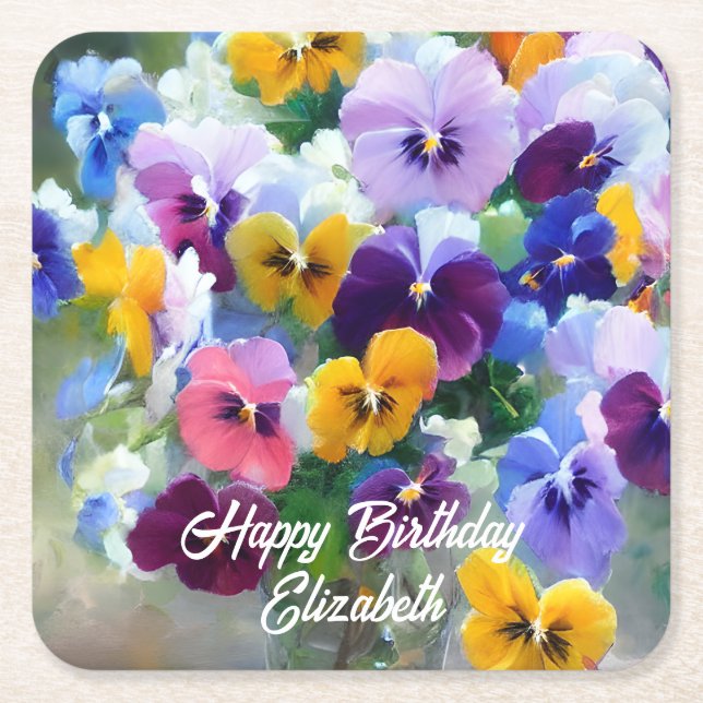 Dessous-de-verre Carré En Papier Pansies Joyeux anniversaire (Devant)