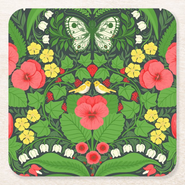 Dessous-de-verre Carré En Papier Pansies rouges, oiseaux et papillons (Devant)