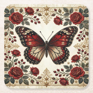 Dessous-de-verre Carré En Papier Papier Peint Élégant Papillon Rouge Rose Vintage