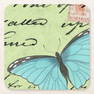 Dessous-de-verre Carré En Papier Papillon à ailes bleues sur carte postale Turquois