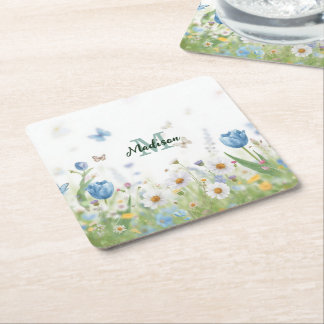Dessous-de-verre Carré En Papier Papillon bleu de fleur de fleur sauvage coloré élé