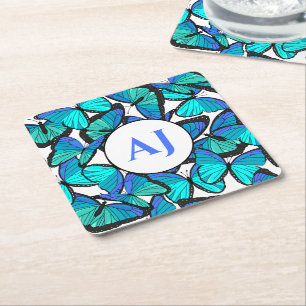 Dessous-de-verre Carré En Papier Papillon bleu tropical Imprimer Monogramme