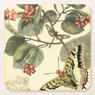 Dessous-de-verre Carré En Papier Papillon et libellule à fleurs rouges