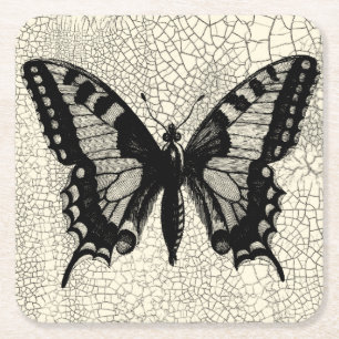 Dessous-de-verre Carré En Papier Papillon noir et blanc sur Arrière - plan fissuré