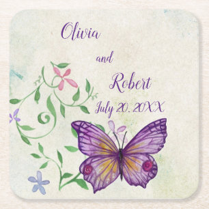 Dessous-de-verre Carré En Papier Papillon violet à aquarelle personnalisé