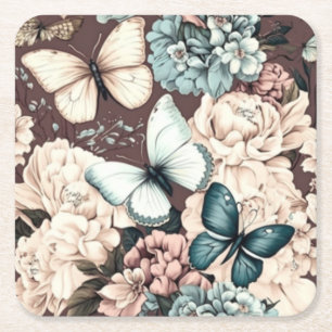 Dessous-de-verre Carré En Papier Papillons et fleurs brunes