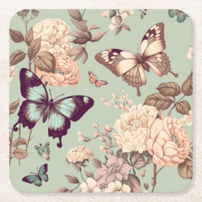 Dessous-de-verre Carré En Papier Papillons et fleurs vert pastel (Devant)