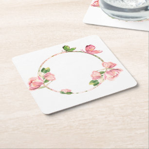 Dessous-de-verre Carré En Papier papillons feuille verts aux fleurs roses chaudes
