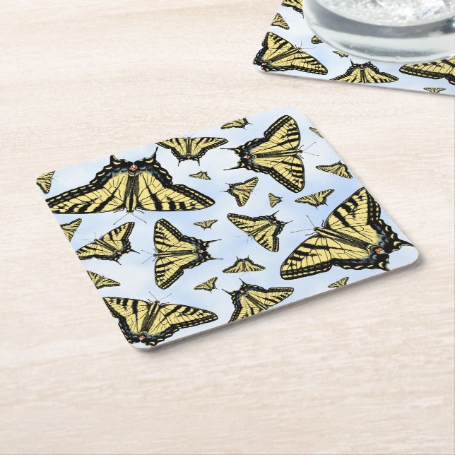 Dessous-de-verre Carré En Papier Papillons swallowtail jaunes Ciel bleu personnalis (Incliné)