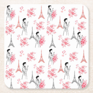 Dessous-de-verre Carré En Papier Paris Love Pattern – Eiffel Tower & Roses Seamless