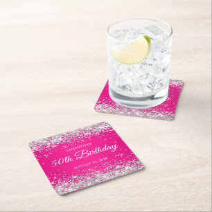 Dessous-de-verre Carré En Papier Parties scintillant d'argent et rose chaud 50e ann