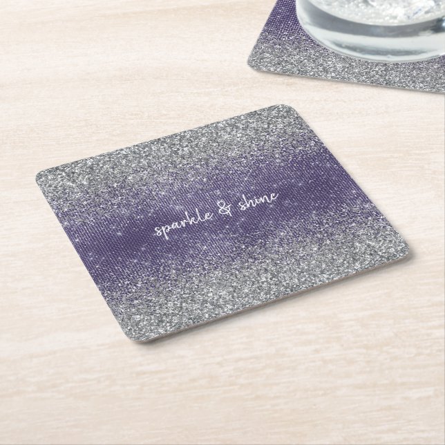 Dessous-de-verre Carré En Papier Parties scintillant d'argent pourpre (Incliné)