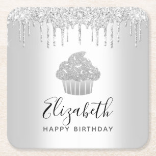 Dessous-de-verre Carré En Papier Parties scintillant de cupcake argent gouttes nom 