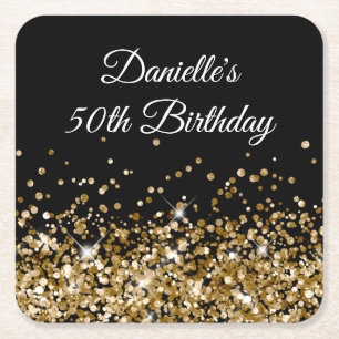 Dessous-de-verre Carré En Papier Parties scintillant d'or sur Black 50th Birthday