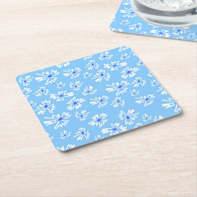 Dessous-de-verre Carré En Papier Pastel Jolie Fleurs Bleues et Blanches (Incliné)