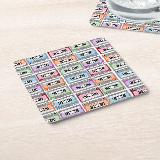 Dessous-de-verre Carré En Papier Pastel Retro Cassette Tapes Pattern (Incliné)