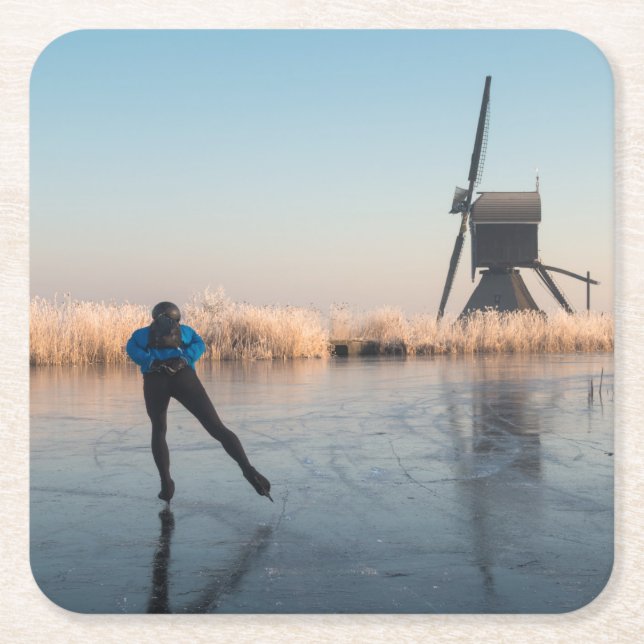 Dessous-de-verre Carré En Papier Patinage de glace après le moulin à vent et les (Devant)