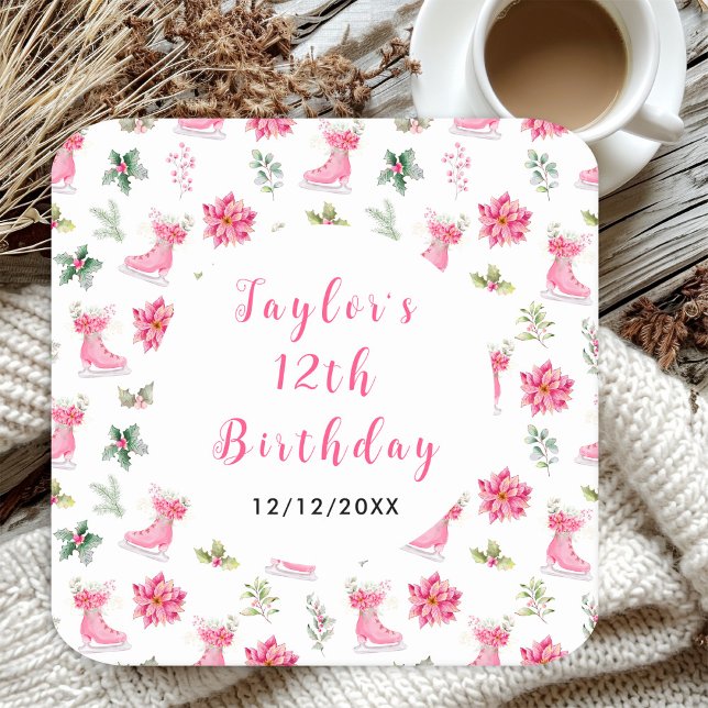 Dessous-de-verre Carré En Papier Patinage sur glace Anniversaire fête rose (Créateur téléchargé)