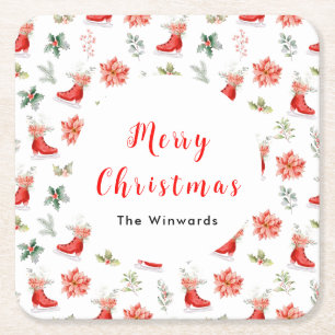 Dessous-de-verre Carré En Papier Patins à glace floraux rouges de Noël Joyeux Noël