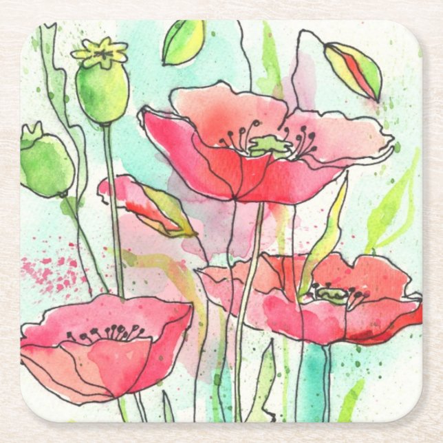 Dessous-de-verre Carré En Papier Pavots peints d'aquarelle (Devant)