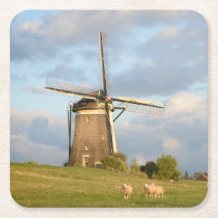 Dessous-de-verre Carré En Papier Paysage avec le moulin à vent et les moutons