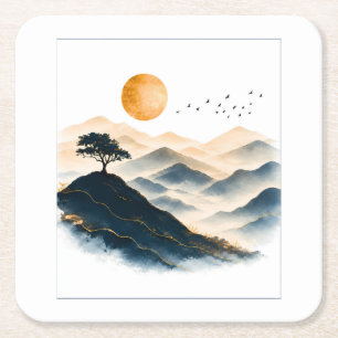 Dessous-de-verre Carré En Papier Paysage de montagne au soleil doré 