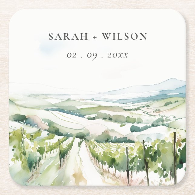 Dessous-de-verre Carré En Papier Paysage de vignoble à l'aquarelle pastel doux Mari (Devant)