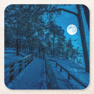 Dessous-de-verre Carré En Papier Paysage d'hiver avec pinède enneigée