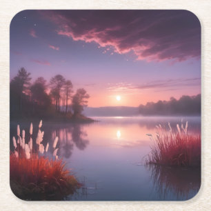 Dessous-de-verre Carré En Papier Paysage du lac Purple au coucher du soleil Trois