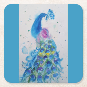 Dessous-de-verre Carré En Papier Peacock art aquarelle peinture Cuisine Aqua Turquo