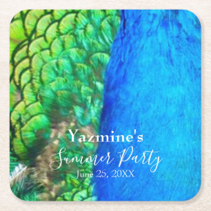 Dessous-de-verre Carré En Papier Peacock Blue Green Feather Texture Vibes d'été