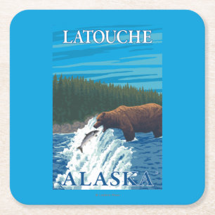 Dessous-de-verre Carré En Papier Pêche d'ours en rivière - Latouche, Alaska