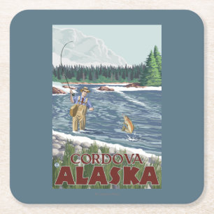Dessous-de-verre Carré En Papier Pêcheur de mouche - Cordova, Alaska