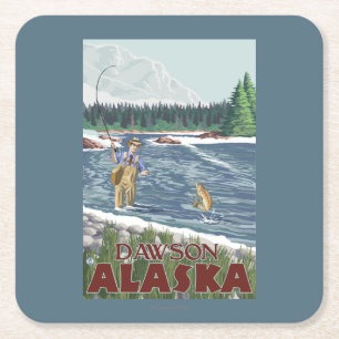 Dessous-de-verre Carré En Papier Pêcheur de mouche - Dawson, Alaska